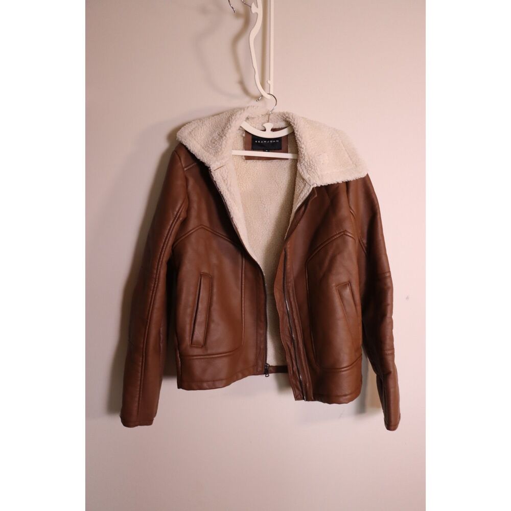 Sean John Men’s Aviator Bomber Jacket – Brown Faux Leather Flight Coat